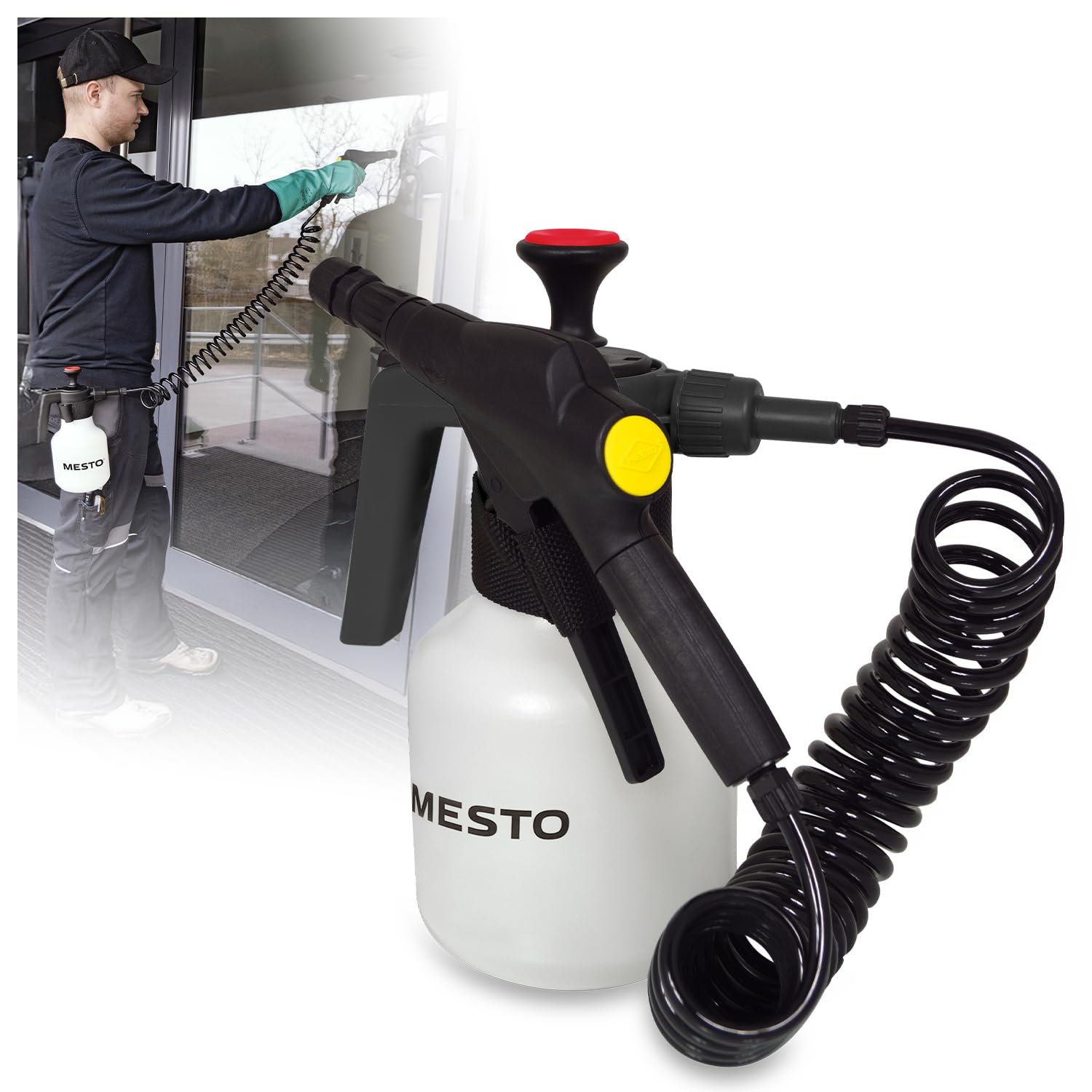 MESTO Belt HELD Plus 1,5 Pulverizadores de 1,5 l, botella de pulverización para bomba, 3 bar, botella de spray portátil industrial, pulverizador de ácido, limpiadores y desinfección, pulverizador de
