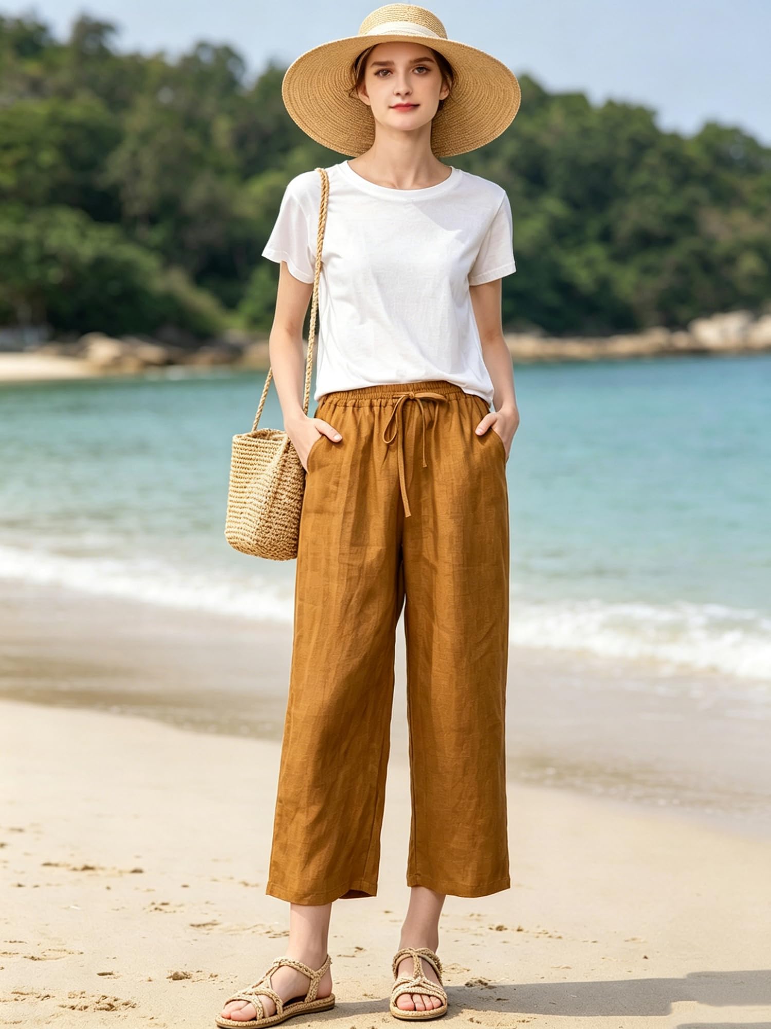FTCayanz Donna Pantaloni Larghi Lino Vita Alta Pantaloni Gamba Larga Estivi con Coulisse