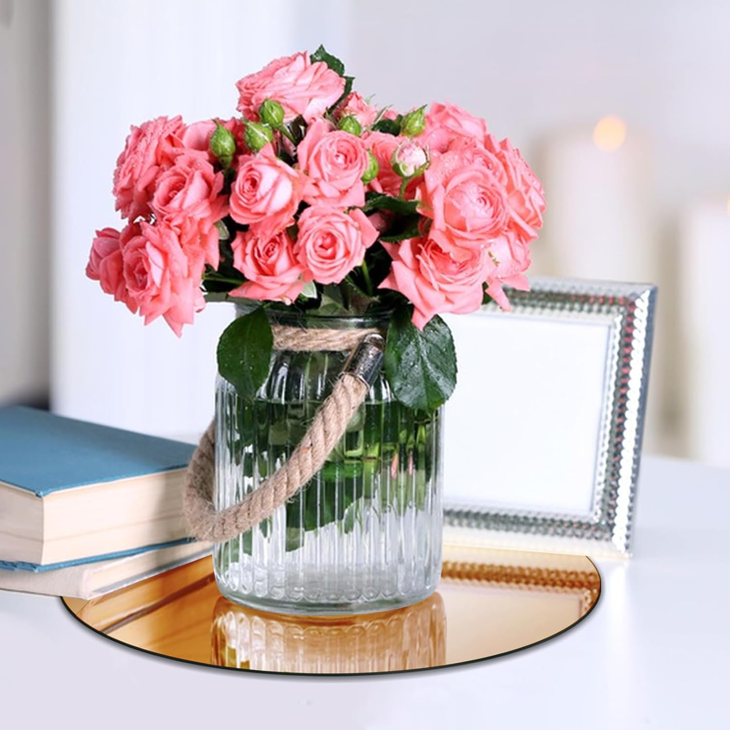 VASUHOME 8" Gold Mirror Centerpieces for Tables, Round Mirror Plates Set for Candle, Wedding, Party Decorations, Circle Mirror Trays with Smooth Edge and Cushioned Feet, 2mm Thick