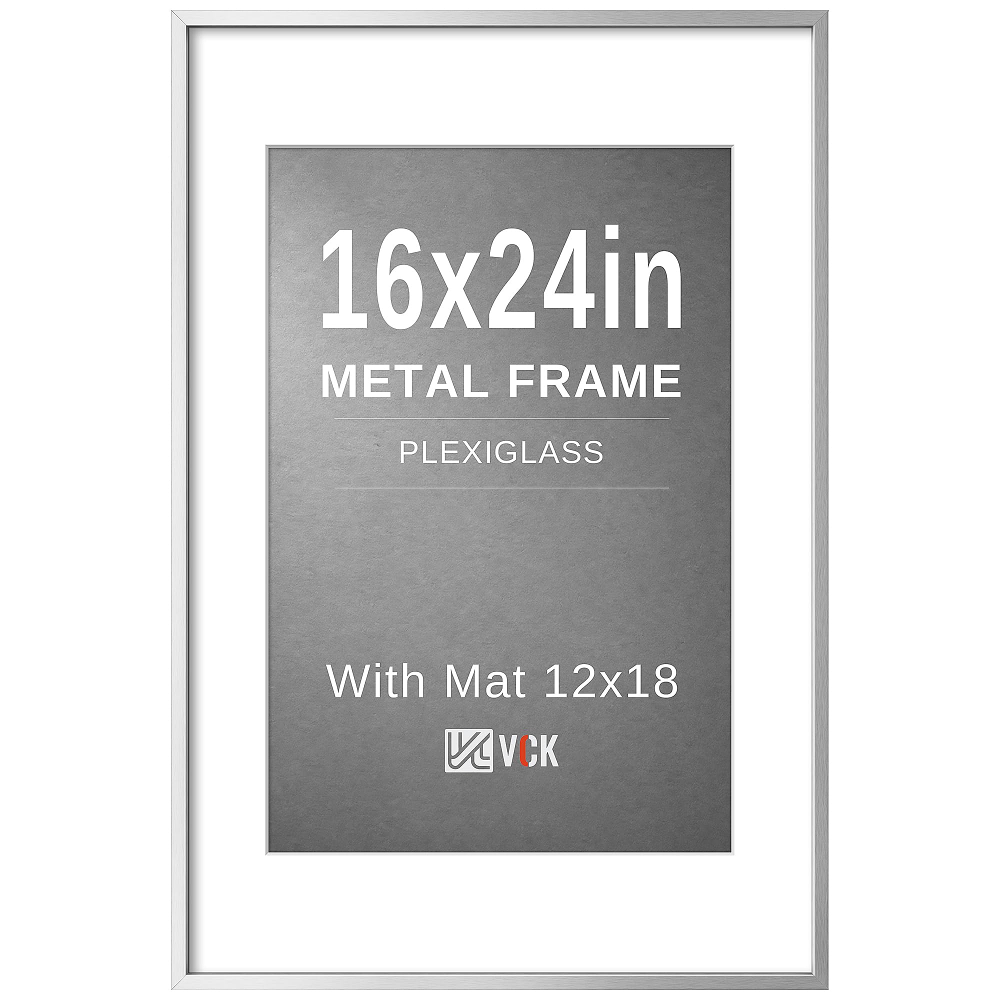 VCK 16x24 Frame, Silver Metal - Matted to 12x18, for Art Print/Picture