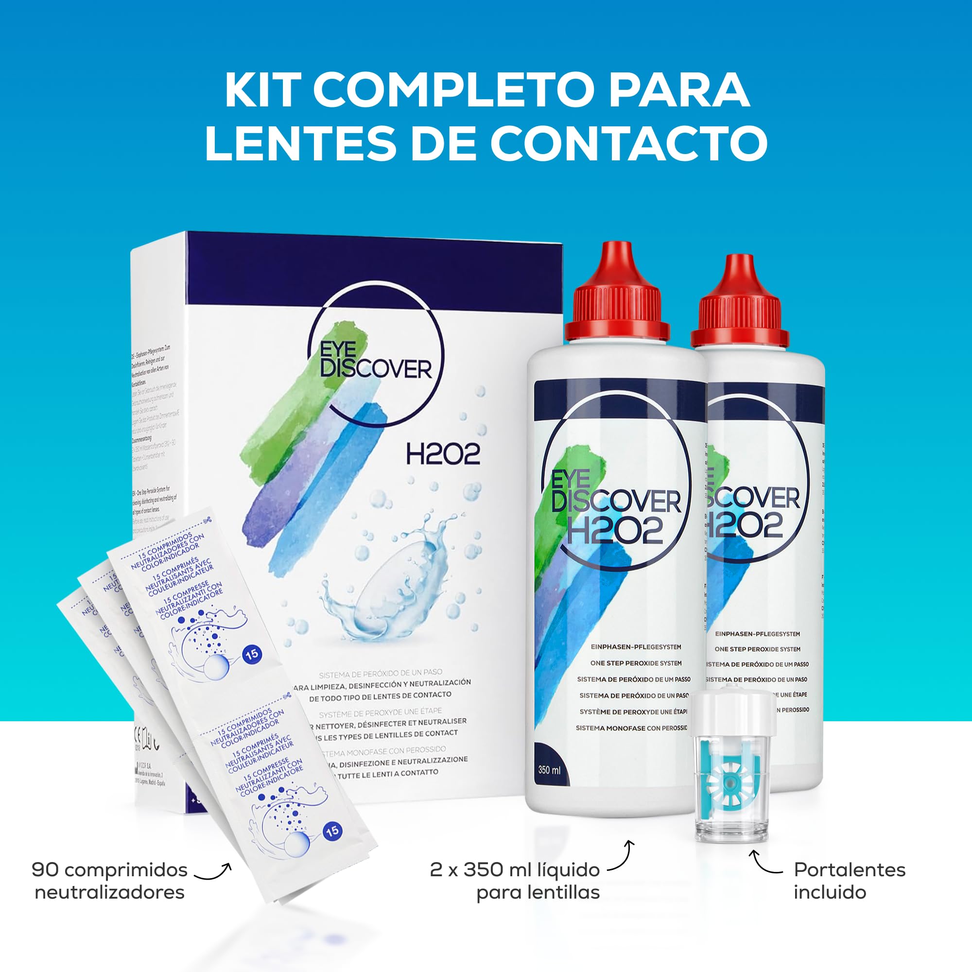 Líquido Lentillas con Peróxido de Hidrógeno Pack 2 x 350 ml para todo tipo de Lentes de Contacto sin Conservantes, Ojos Secos y Sensibles + 90 Comprimidos y Estuche Portalentes | EYE DISCOVER