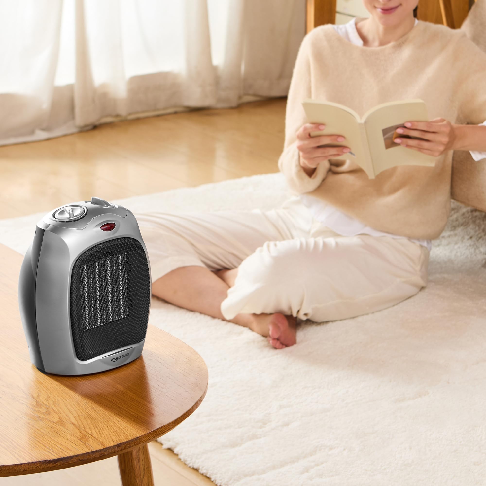 Amazon Basics Grzejnik ceramiczny 1800W z regulowanym termostatem, srebrny