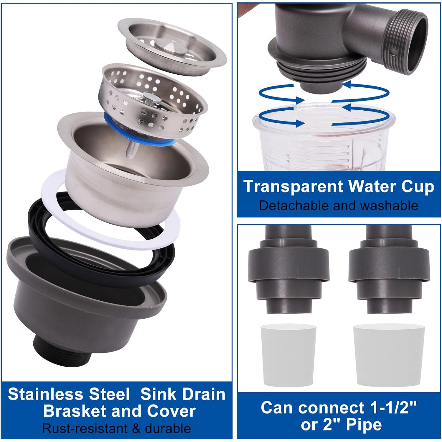 Kitchen Sink Drain Kit, Anti-Odor Expandable Flexible Drain Pipe with Sealing Cup, for Kitchen & Balcony Laundry Sink