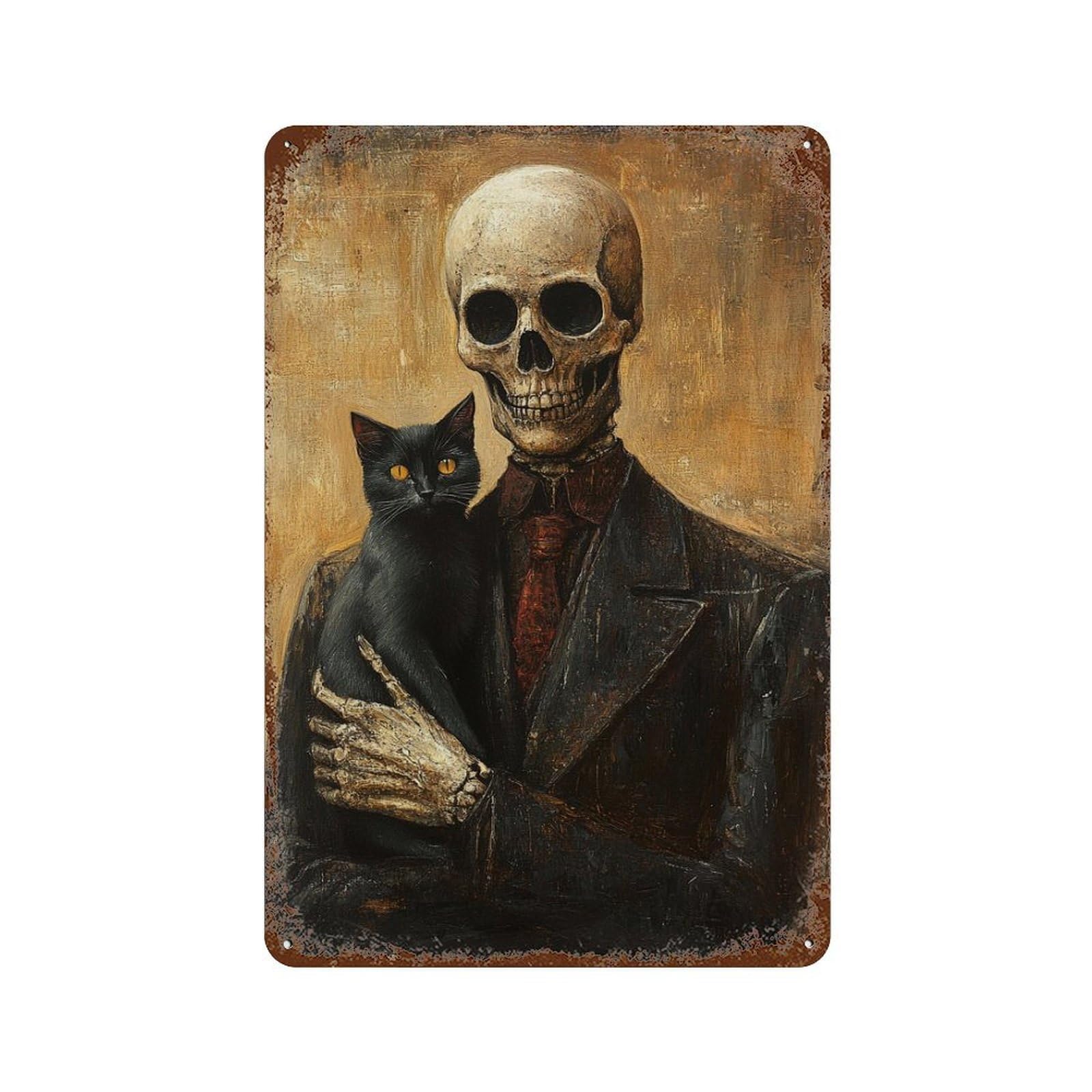 Rusty Metal Tin Sign with Skull in Suit with Black Cat -2 Design 11.8"x7.9", for Shed, Workshop And Garage Wall Decor, Classic Wall Plaque