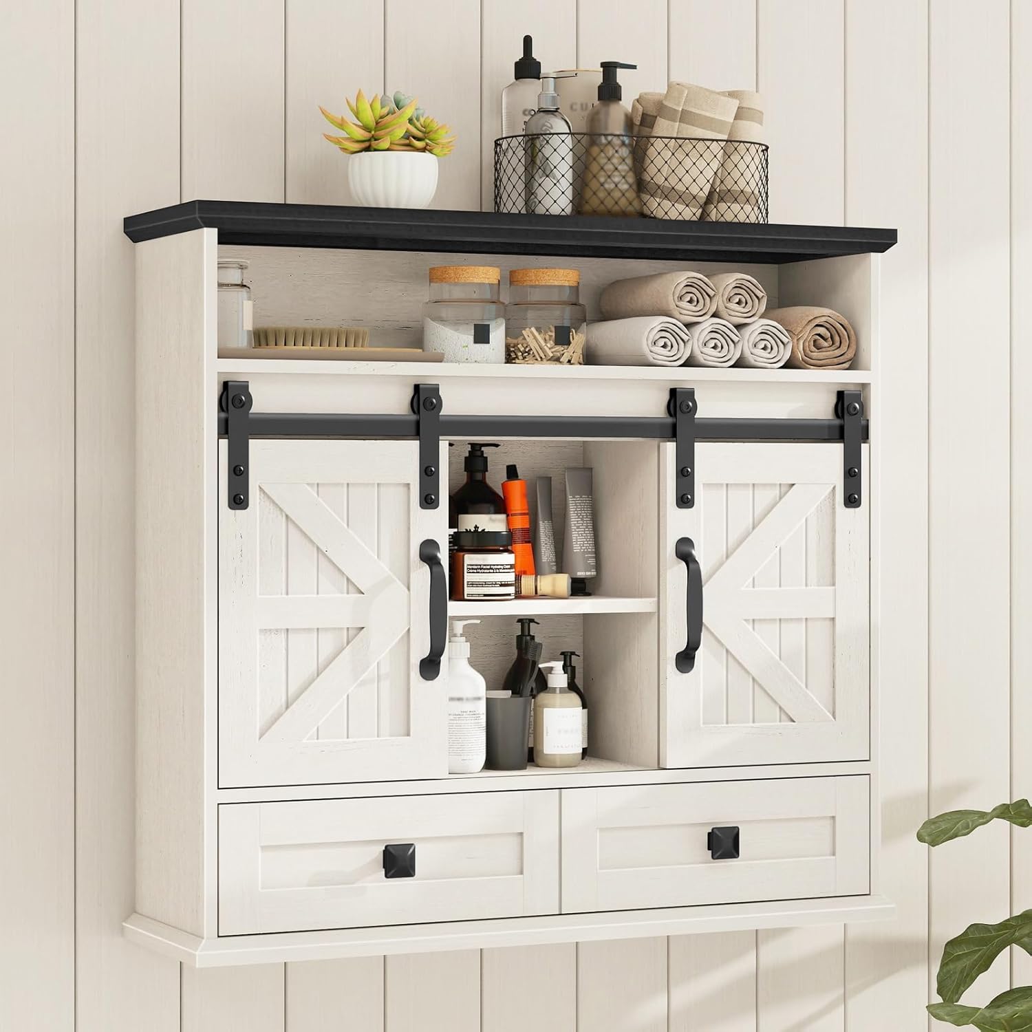Vabches Bathroom Wall Cabinet, Farmhouse Medicine Cabinet with Double Sliding Barn Door and Storage Drawer, Wooden Vintage Storage Cabinet Wall Mounted for Bathroom, Kitchen, Rustic White and Black