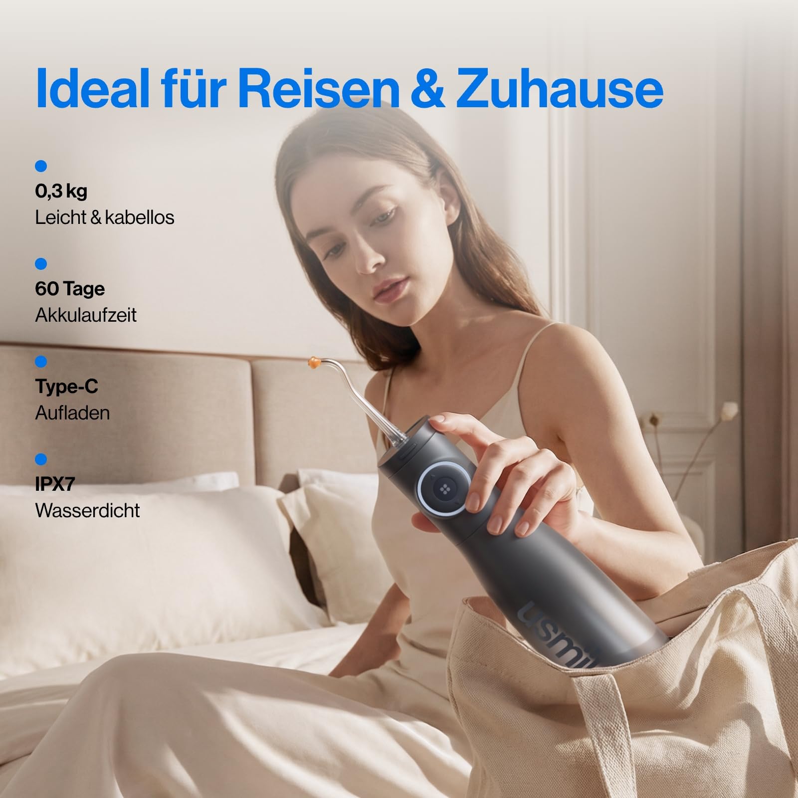 usmile C30 Tragbare Munddusche Kabellos, 300 ml Wassertank, 5 Druckstufen, S-Düsen für Zahnspangen & Invisalign, USB-C wiederaufladbar, IPX7 wasserdicht, Schwarz
