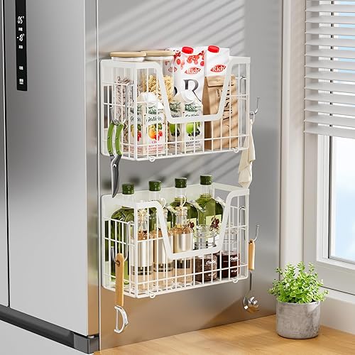 Miniatura 7 de Juego de 2 estantes magnéticos para refrigerador, cesta magnética blanca para almacenamiento organizador de refrigerador, contenedores de