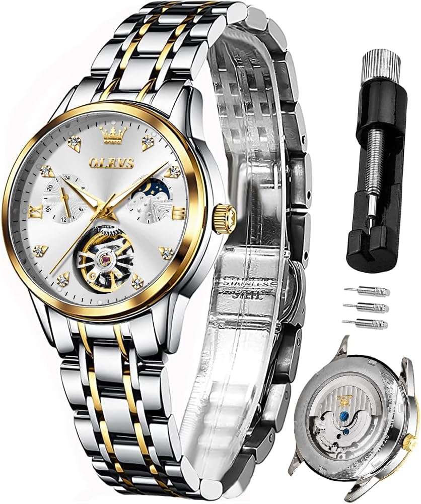 OLEVS Automatic Watches for Women Mechanical Self Winding Luxury Dress Diamond Dial Stainless Steel Strap Waterproof Luminous Date Ladies Watches
