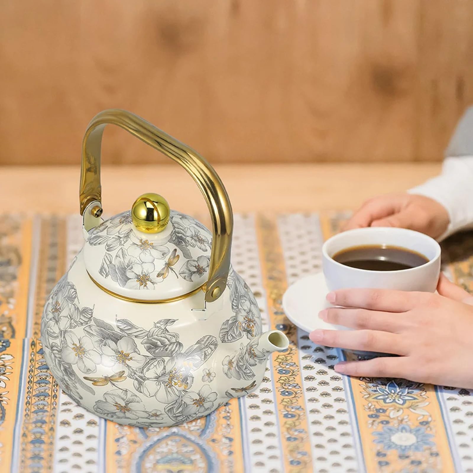 Portable Floral Enamel Camping Tea Pot, Lightweight Vintage Style Kettle for Backpackers