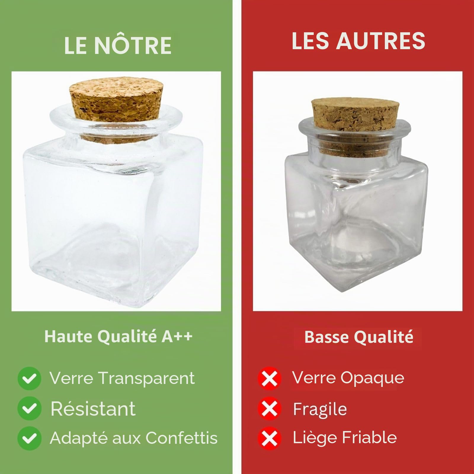 Doni Bomboniere Lot de 50 bocaux carrés, 6 x 4 x 4 cm, avec bouchon en liège, bocaux en verre transparent, haute qualité, personnalisable, bricolage, mariage, baptême, naissance, confirmation, remise
