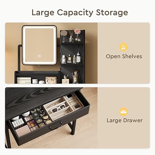 Miniatura 6 de Escritorio de maquillaje con espejo y luces, tocador pequeño con cajón de almacenamiento de tela, silla y estantes, juego de tocador de maquillaje