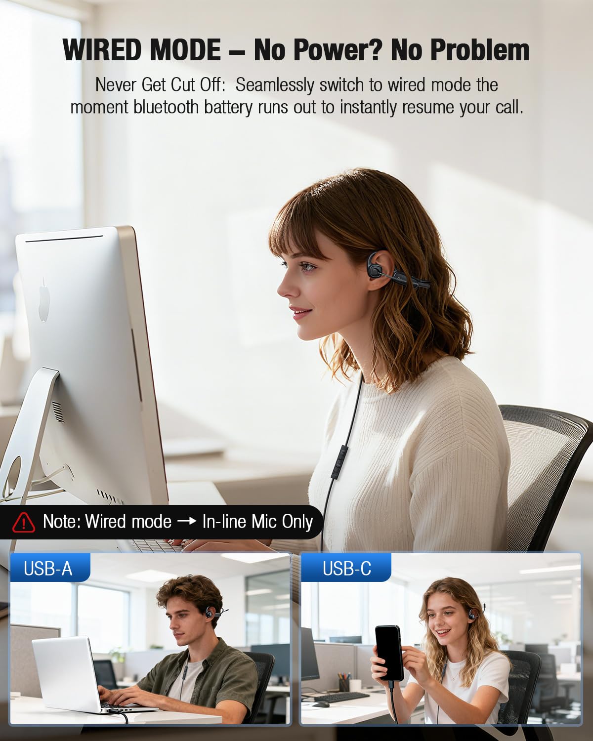 Zestaw słuchawkowy Bluetooth z mikrofonem, otwarte słuchawki z mikrofonem, czarne, Bluetooth + przewodowy sportowy design z wbudowanymi kontrolami, dźwięk premium