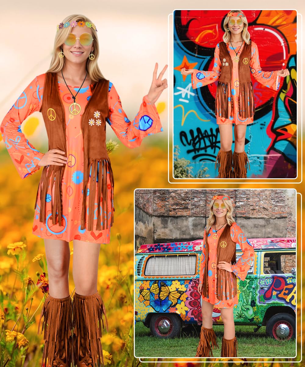 Disfraz Hippies Mujer, Conjunto de Disfraz Hippie Años 70 y Accesorios | Ropa Hippie y Chalecos con Flecos para Cosplay, Halloween, Carnaval y Fiestas de los Años 60 y 70