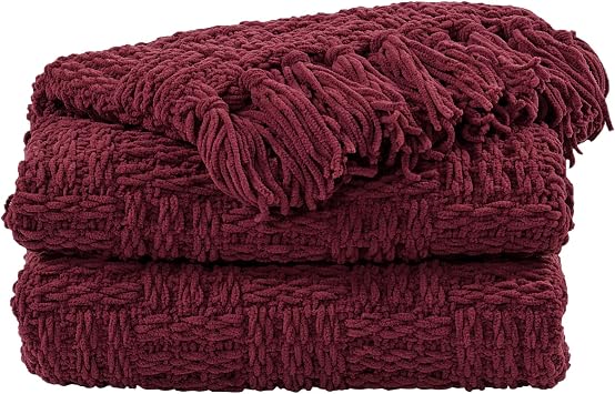 Home Soft Things Cable Knitted Throw Blankets 50 x 60, Burgundy, Soft Cozy Fluffy Decorative Throw with Tassels Couch Bed Sofa Cover Throw Blankets