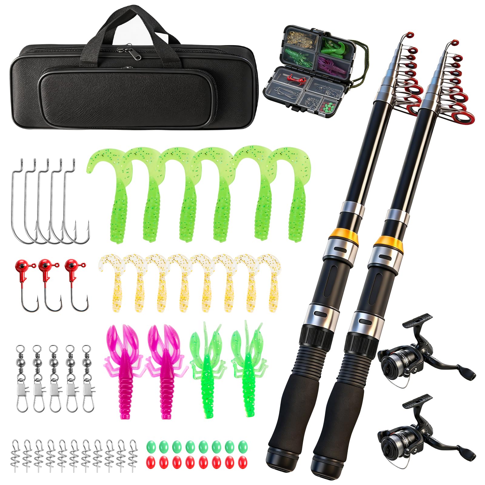 GREENSAPPIRE Fishing Rod and Reel Combo 2 Pack, Telescopic Fishing Pole Kit with Pre-Loaded Spinning Reels, Tackle Box & Carrier Bag, Portable Fishing Gear Set for Travel Saltwater Freshwater