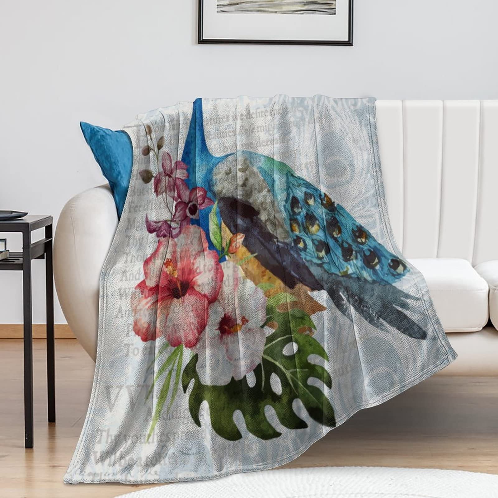 Couverture polaire douce motif paon 101x127cm homme femme enfant