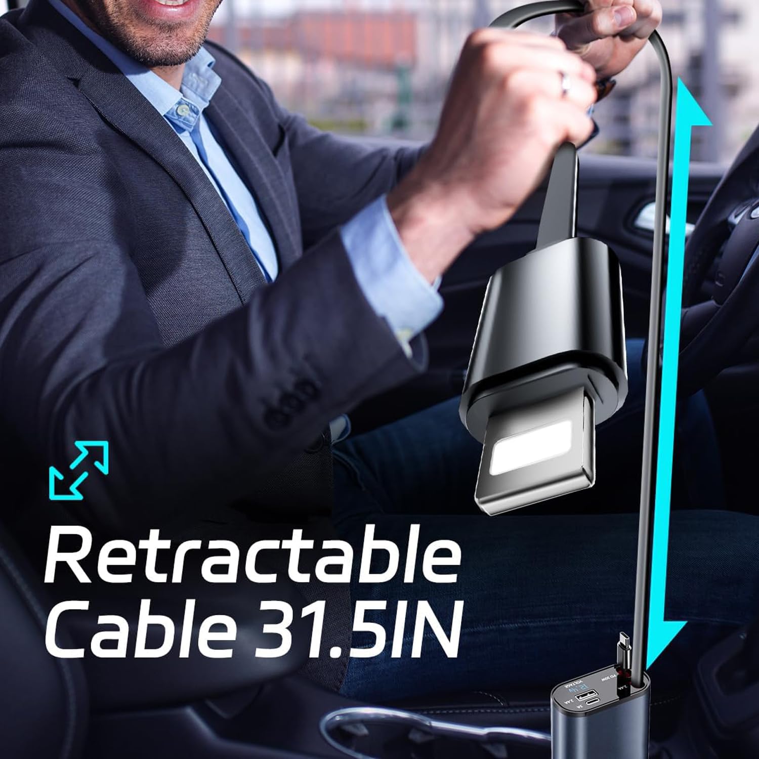 GadgetBite Car Charger 120 Watt 4 in 1 Charger with Retractable Cables & Dual Ports Type C cable and Lighting cable Super Fast Charger Compatible With iPhone 17 to 11 Pro Max Android iPad Pixel - Blue 2
