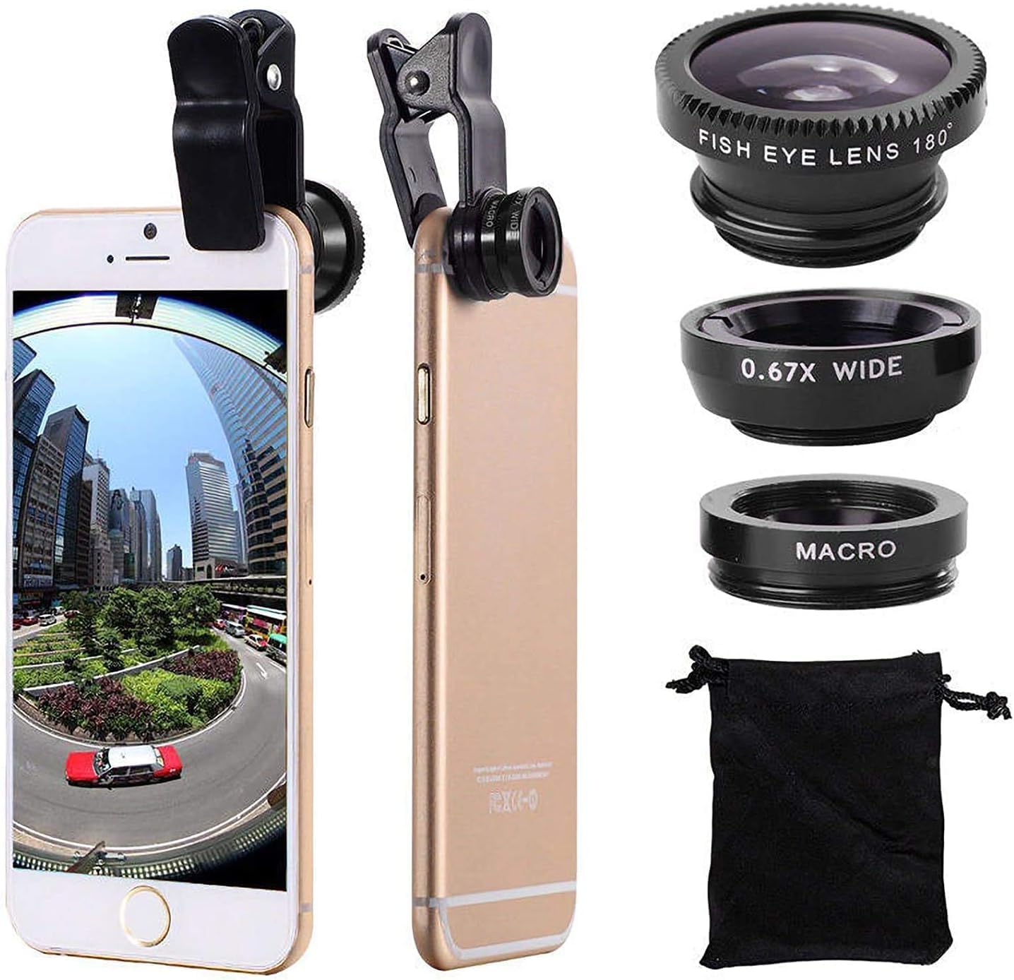 eCostConnectionUniversal 3 in 1 Camera Lens Kit Phone Camera Lens Clip Fisheye Lens Macro Lens Wide Angle Lens Cell Phone Lens Attachments Compatible with Most Smartphones for Video, with Pouch