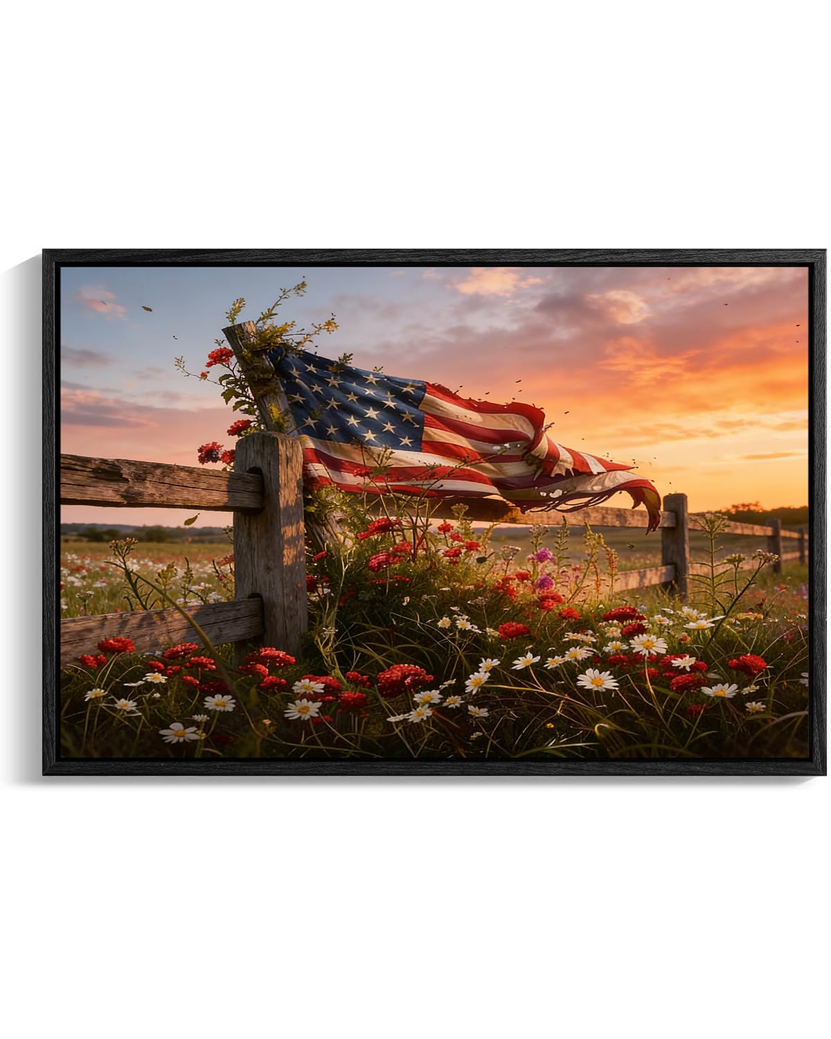 American Flag Framed Canvas Wall Art, 4th of July Floral Canvas Prints