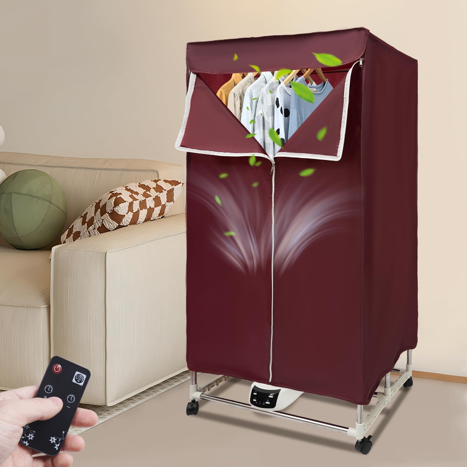 Sèche-linge à condensation, armoire à pneus, 1200-1500 W, télécommande pliable, convient pour la maison, les vacances et l'utilisation par temps humide (bordeaux)