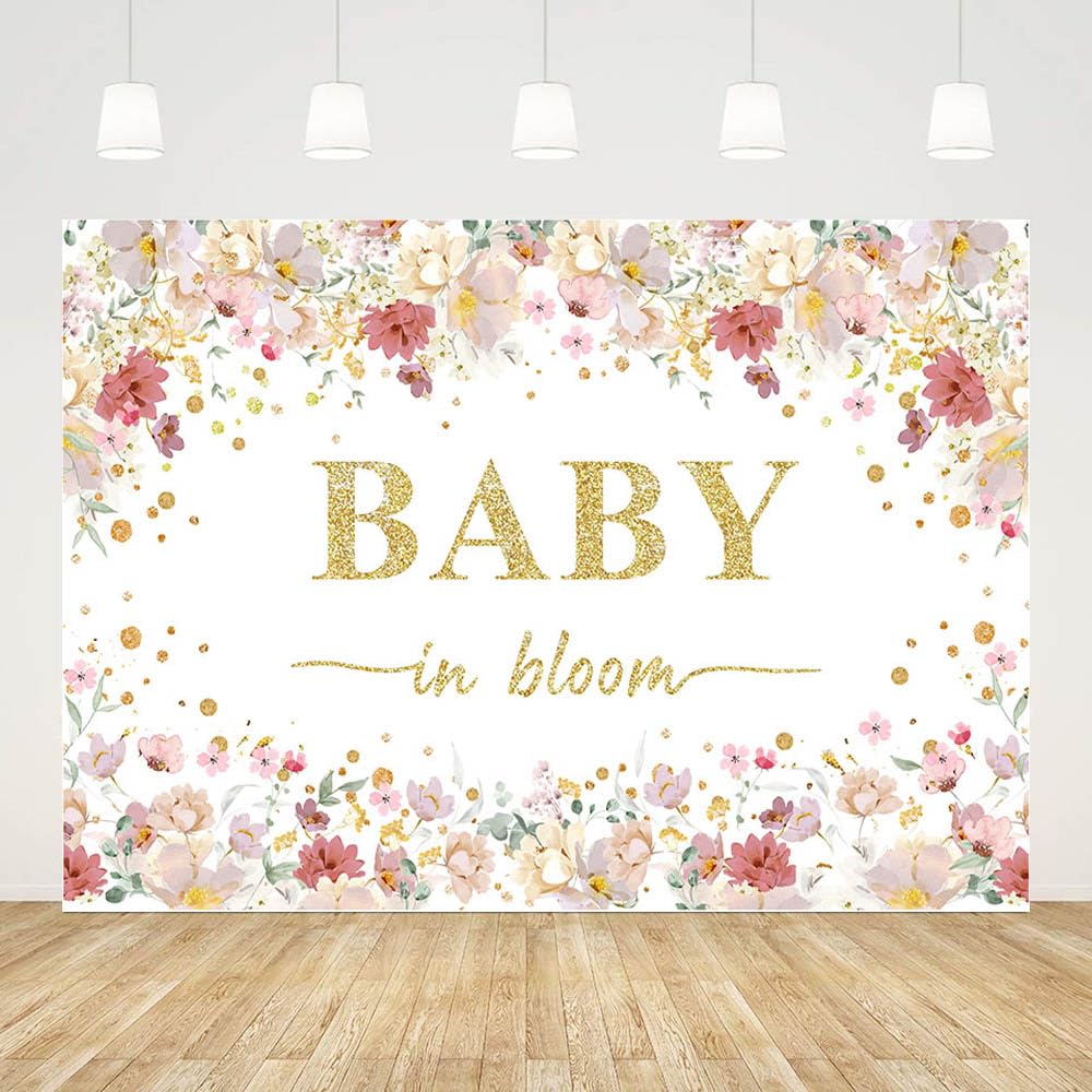 AIBIIN 7x5ft Baby in Bloom Baby Shower Backdrop for Girls, Watercolor Floral Wildflowers Photography Background, Spring Gold Dots Party Decorations