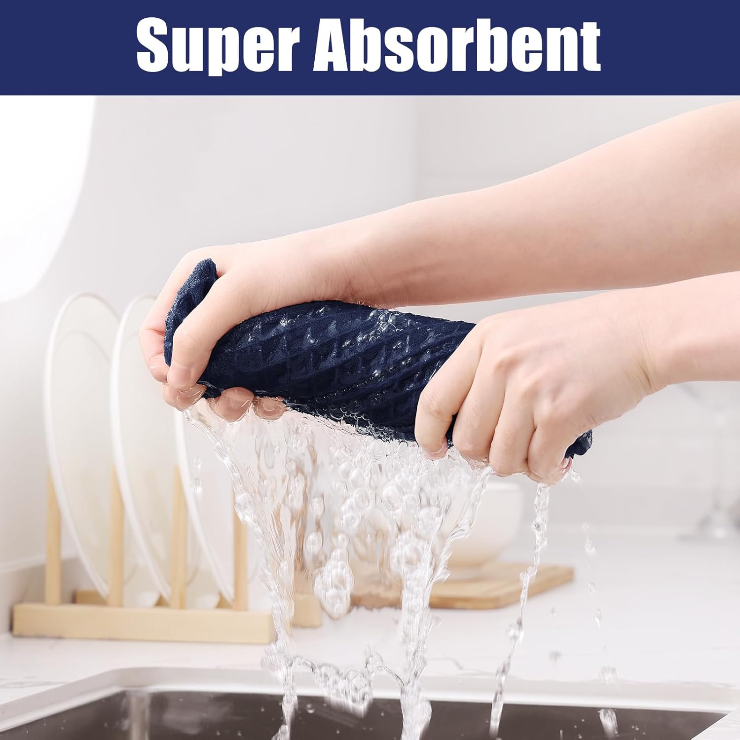 Homaxy Microfiber Waffle Weave Kitchen Towels, 16 x 28 Inch Ultra Absorbent and Solid Color Dish Towels, 4 Pack, Navy Blue - Image 3