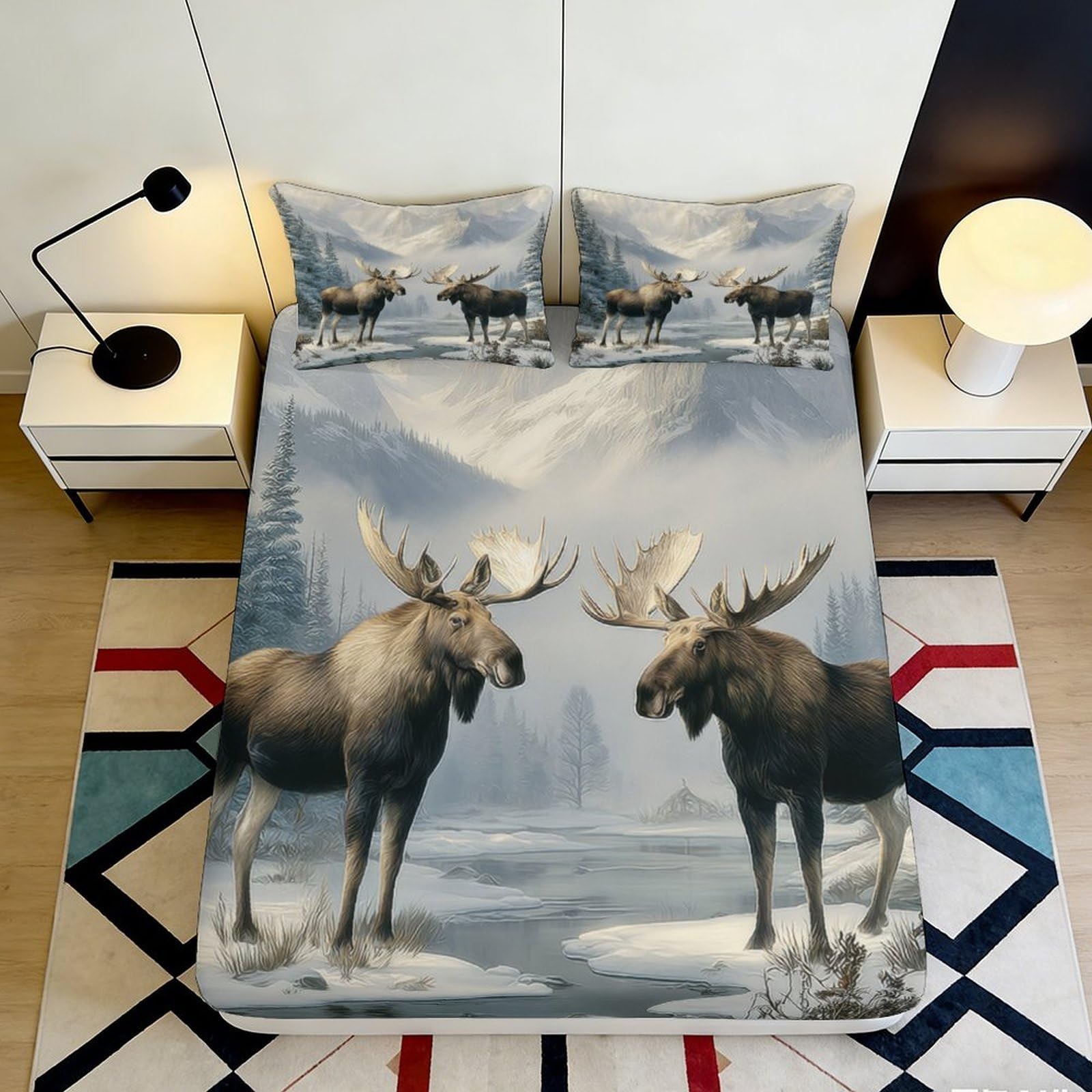 3D Printed Moose Winter Forest Fitted Sheet Microfiber Soft Anti-Slip Bed Cover for Bedroom Guest Room Mattress Protection 140x200x25cm