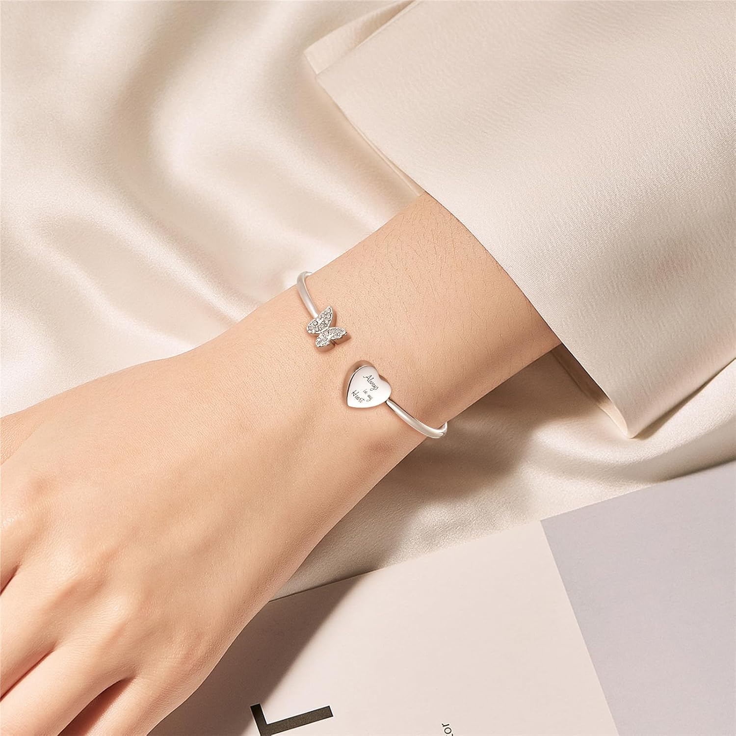 XIUDA Urn Bracelet for Human Ashes Butterfly Heart Ash Bracelet for Women Stainless Steel Openable Cuff Bangle Cremation Bracelet - Always in My Heart - Image 6