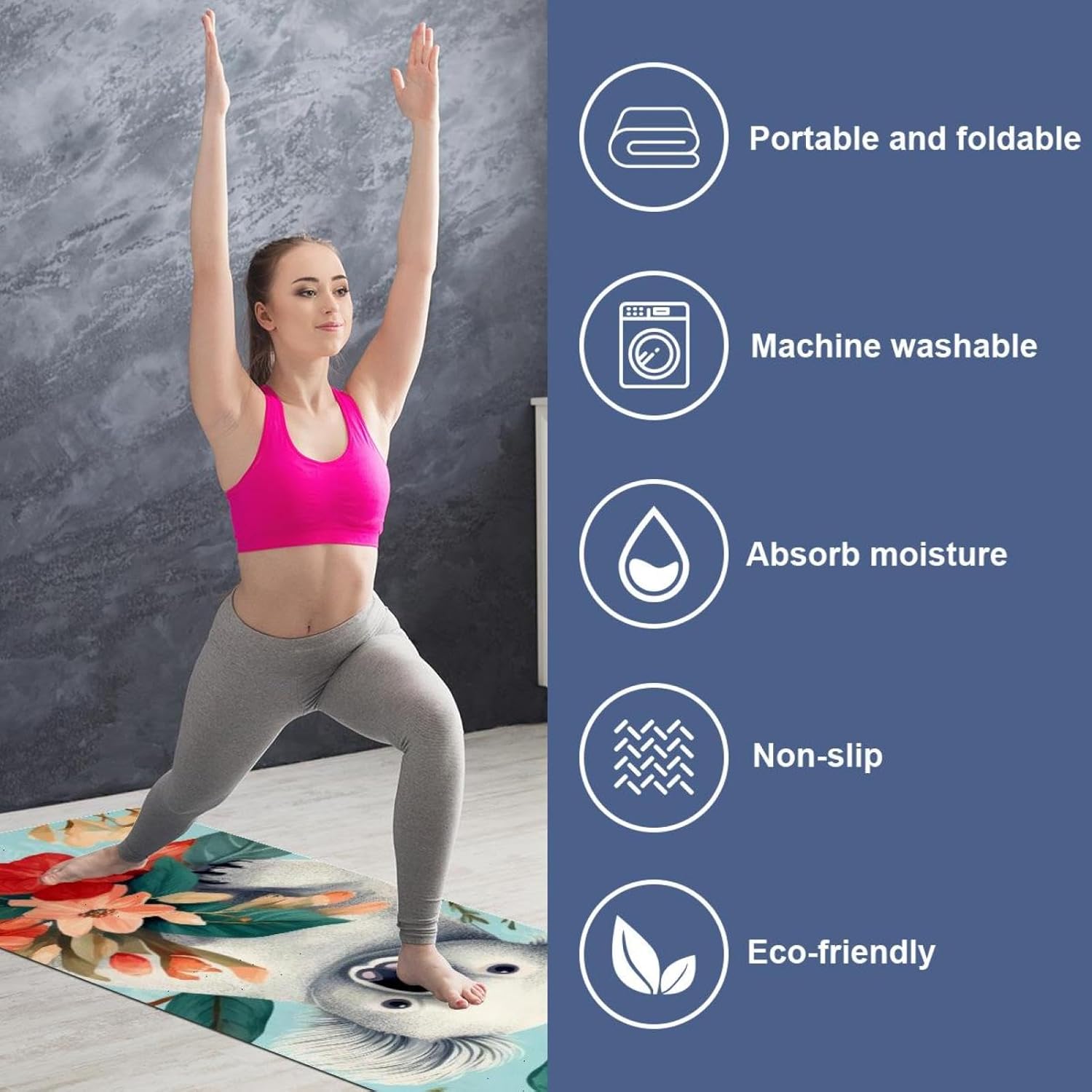 Yoga Towel, Koala Flowers Pattern Non Slip Sweat Absorbent Hot Yoga Mat Towel for Hot Yoga, Pilates and Fitness - 72.8" x 26.8"