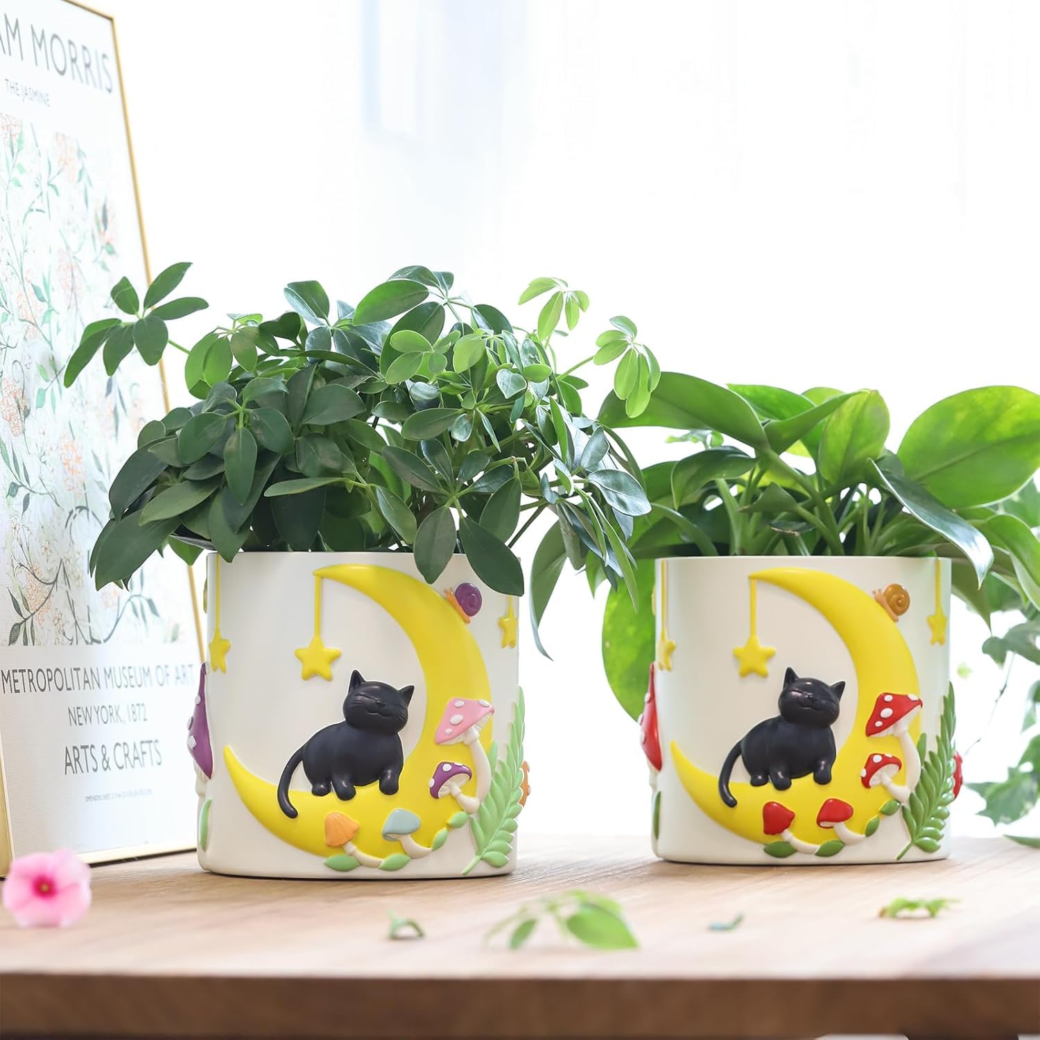 AmiCera Cute Moon Cat Flower Pots, Rainbow Unique Plant Pot with Drainage - Image 2