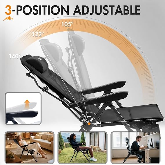 Portal Camping Chair Recliner for Adults Folding Garden Chair Heavy Duty High Back with Adjustable Pillow Oversized Load 160KG Comfy Padded Deluxe Luxury Collapsible Deck Chair for Dining Caravan