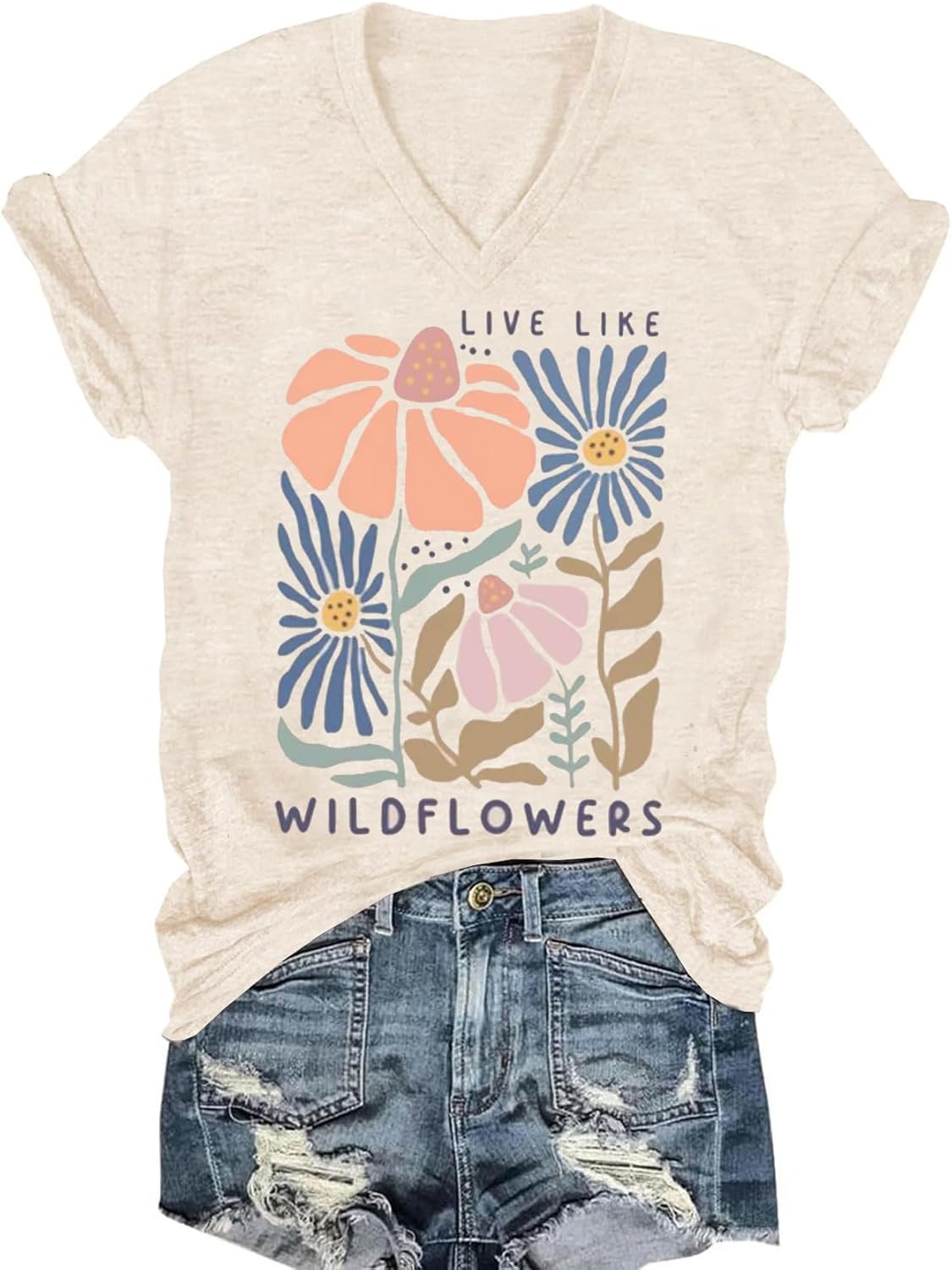 Vintage Boho Tops for Women V-Neck Flowers Shirt Spring Graphic Tees Floral Print Summer Casual Short Sleeve Tshirt Top