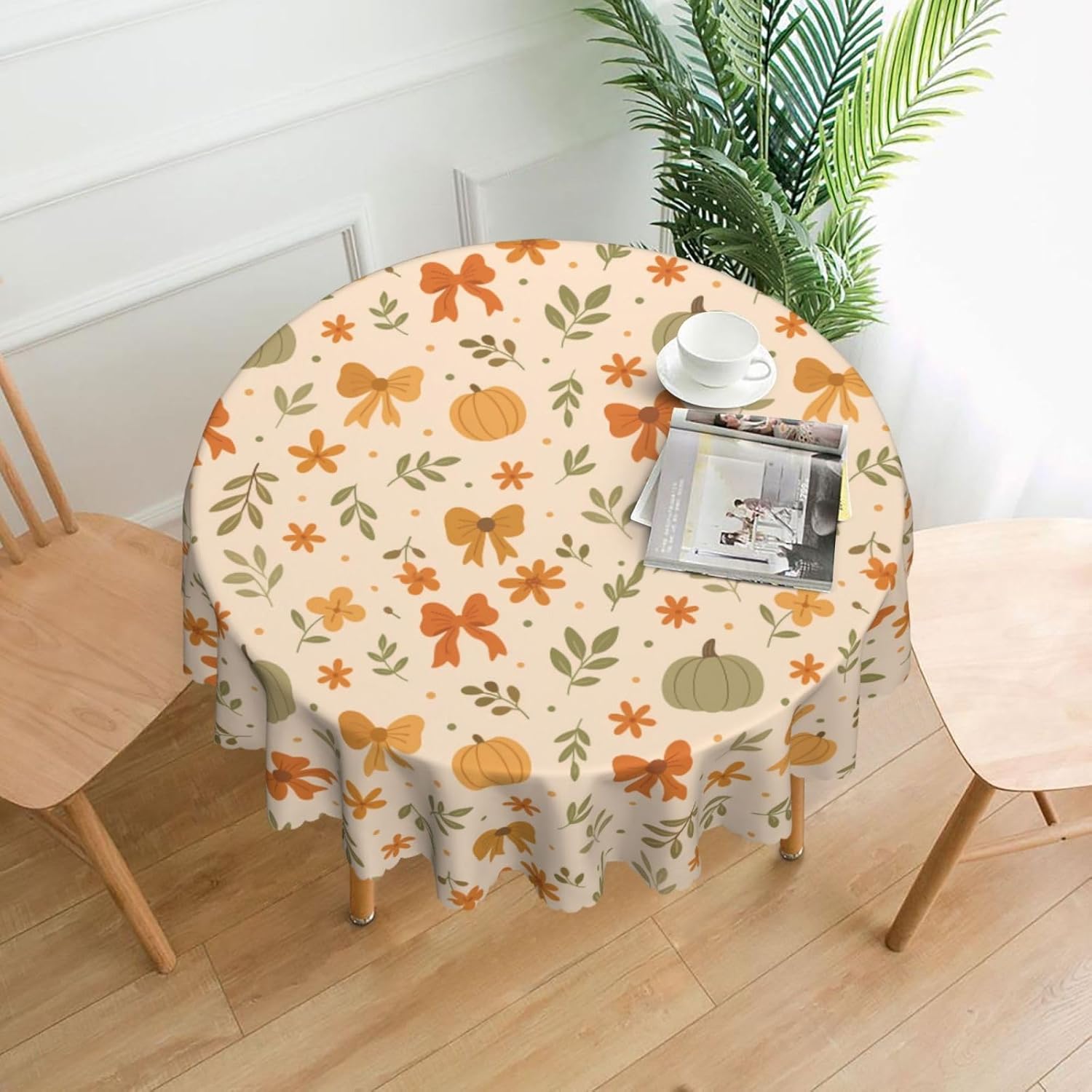 Fall Tablecloth Autumn Pumpkin Floral Leaf Bow Round Tablecloth 60 inch Thanksgiving Table Cloths Cover Mat Spill Proof Table Covers for Kitchen Party Dinner Tabletop Decoration