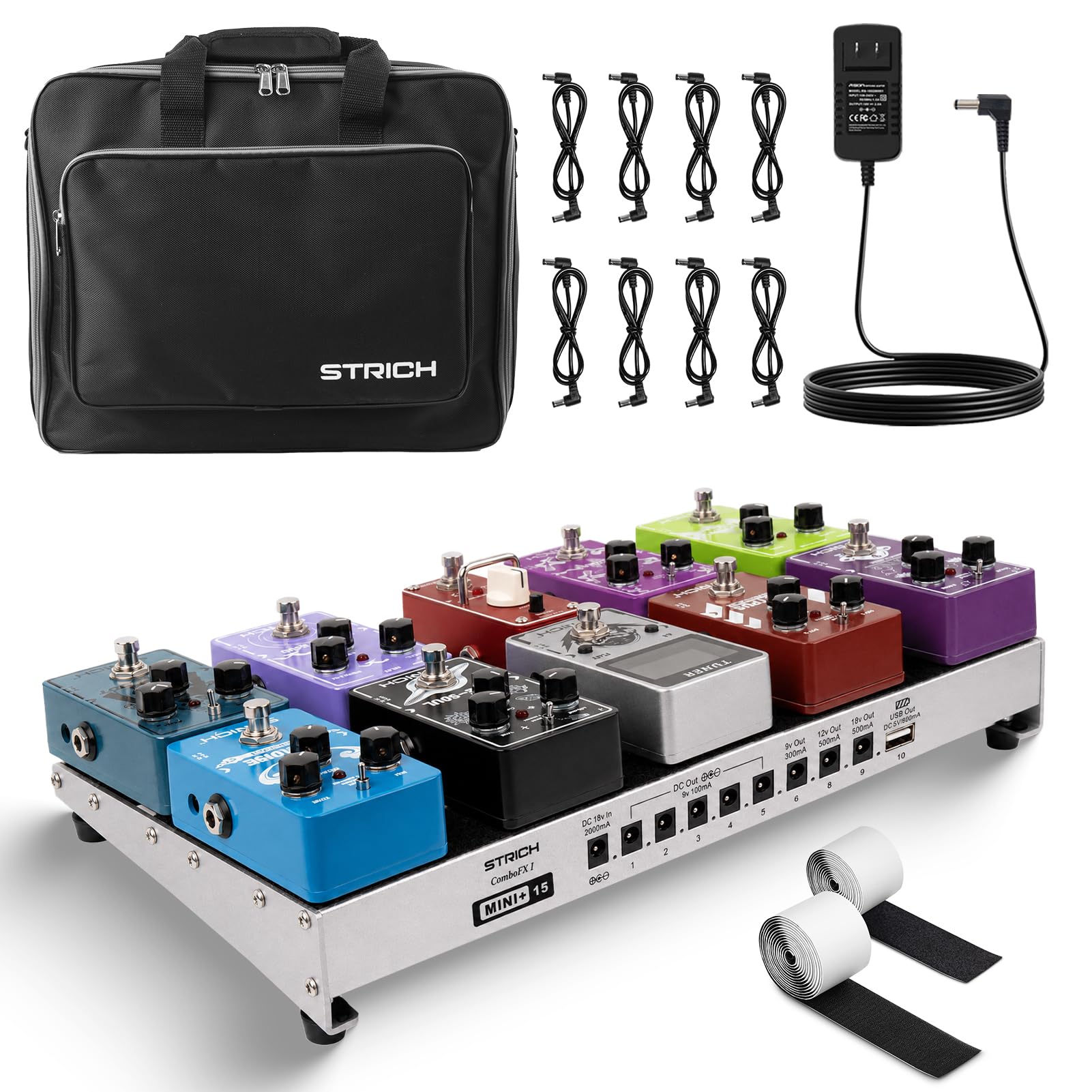 STRICH Guitar Pedal Board with Built-in Power Supply, 15 x 7.8" Silver-White Lightweight Aluminum Alloy, PedalBoard with Pedal Cables, Bag, Hook Loop Strips PB-MP15