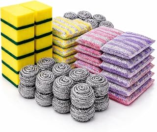 30 PCS Kitchen Cleaning Sponge Set, Heavy Duty Non Scratch Scrubber Pack with Sponges, Steel Wool Scrubbers & Scouring Pads for Dishes, Pots, Pans & Multi Surface Cleaning.