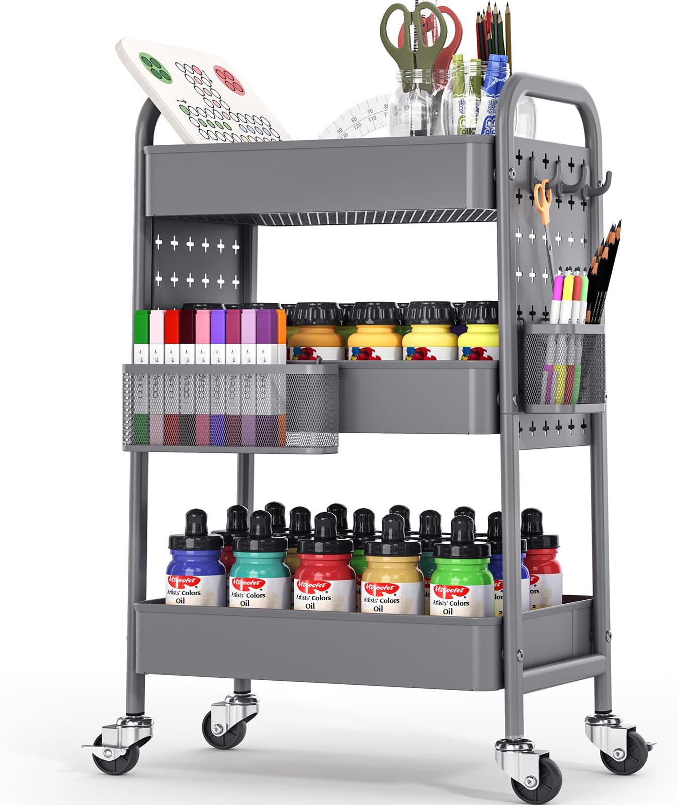 TOOLF Metal Rolling Storage Cart, 3-Tier Utility Mobile Cart with DIY Pegboards, Serving Trolley Cart with Baskets Hooks, for Kitchen, Bathroom, Office, Home, Classroom (Dark Grey)