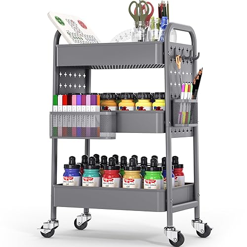 TOOLF Metal Rolling Storage Cart, 3-Tier Utility Mobile Cart with DIY Pegboards, Serving Trolley Cart with Baskets Hooks, for Kitchen, Bathroom, Office, Home, Classroom (Dark Grey) - Dark Grey