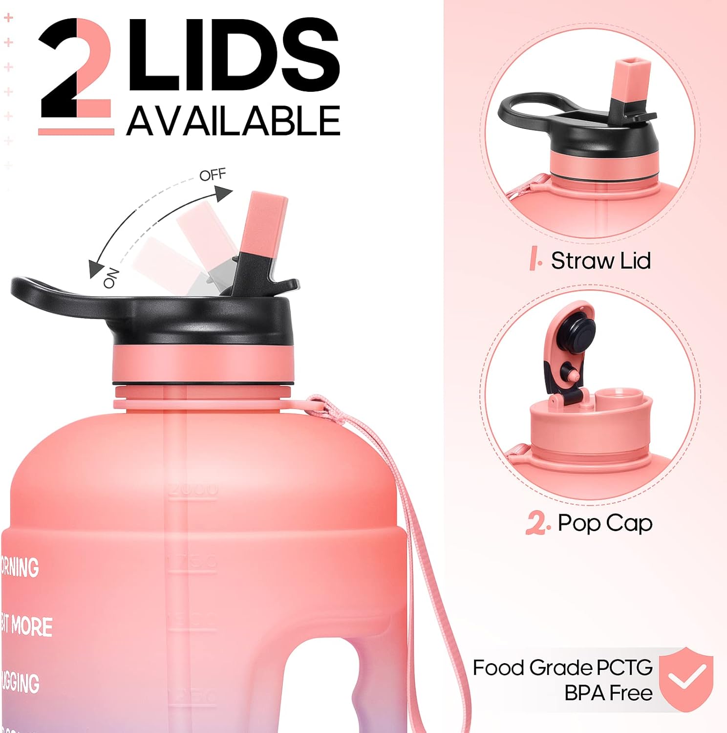 Large 74 oz/Half Gallon Motivational Water Bottle with 2 Lids (Chug and Straw), BPA Free Sports Drink Water Jug with Time Marker for Camping Sports Workouts and Outdoor Activity