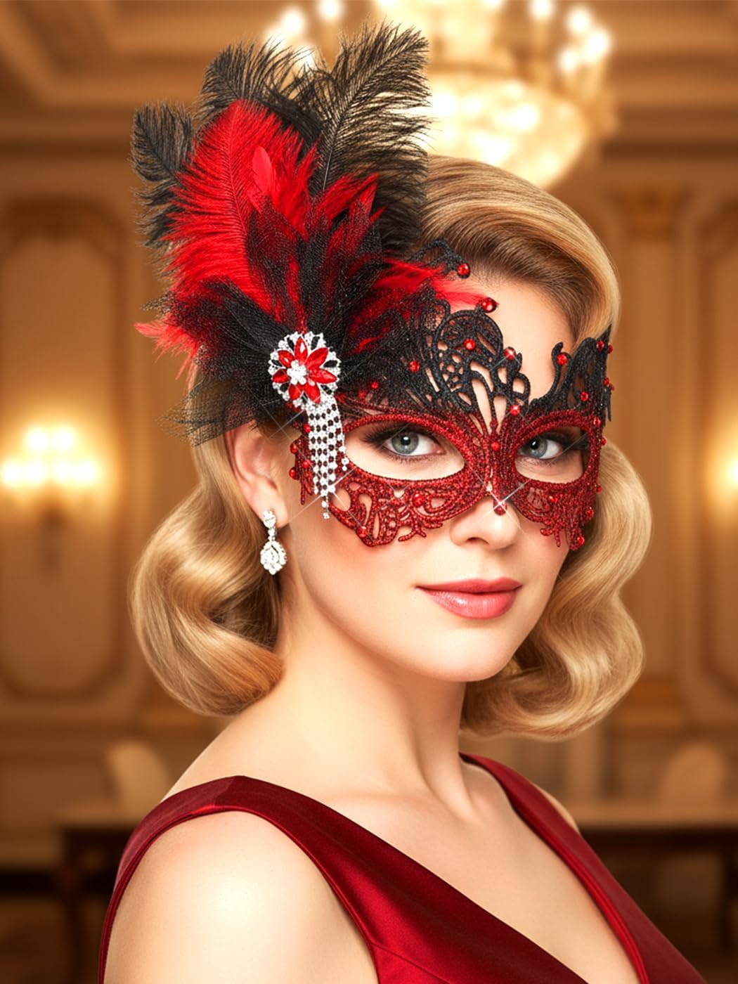 Urieo Feather Masquerade Mask Lace Venetian Mask Rhinestone Cosplay Masks for Women
