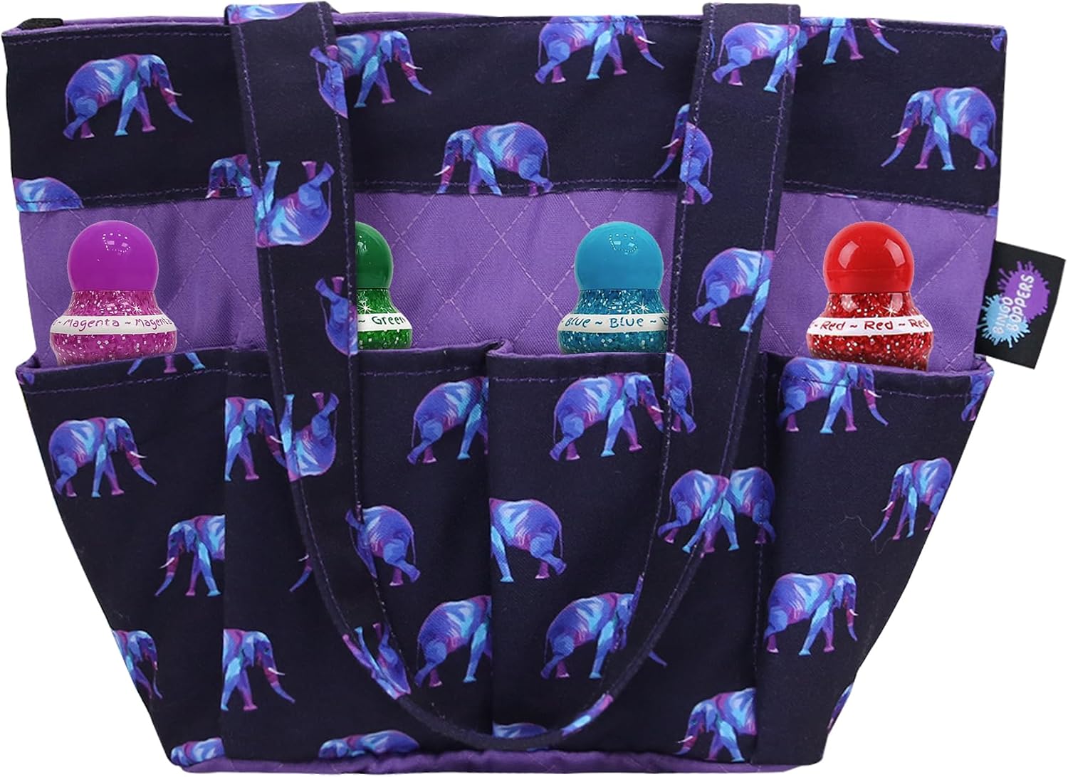 Bingo Dauber Bag with 8 pockets and Wristlet Pouch - Large Tote Bag for carrying bingo supplies and money pouch (Elephants)