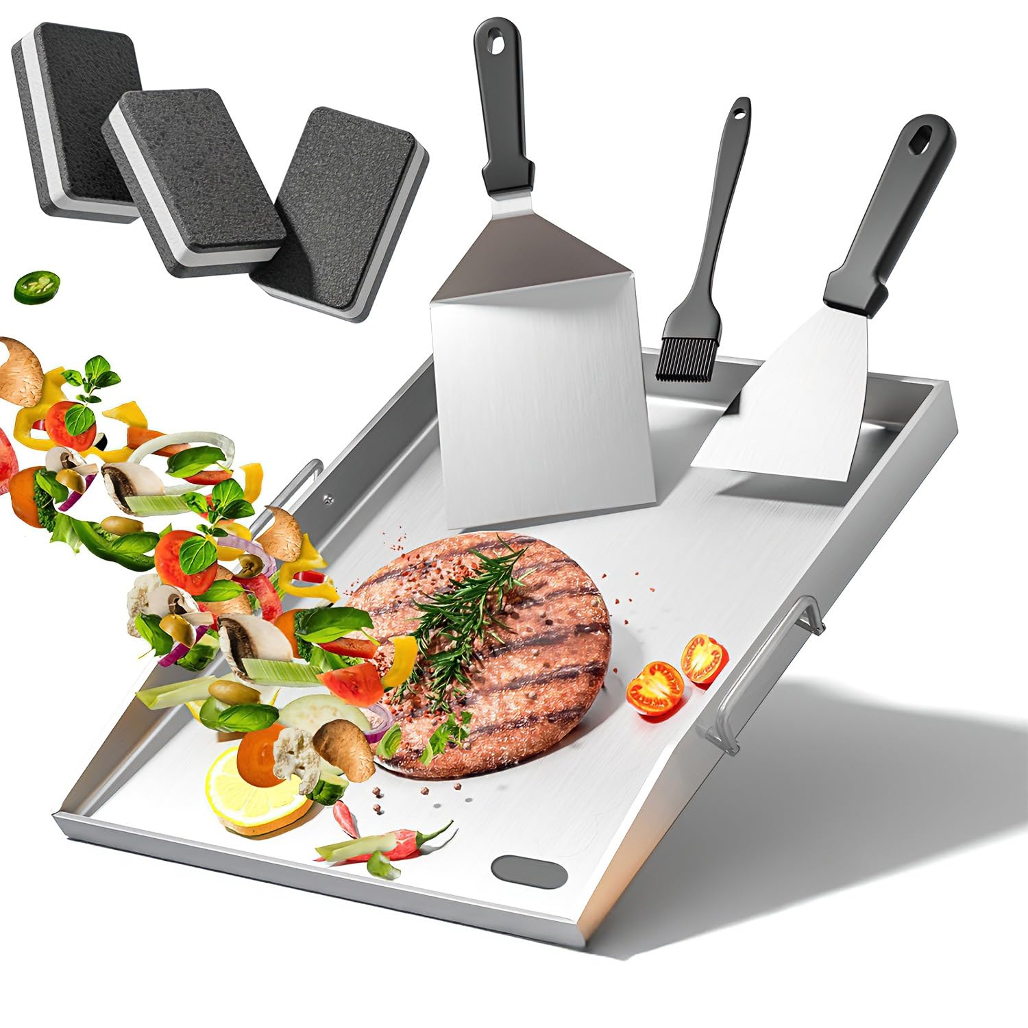 devesanter Grillplatte 40x30cm aus Edelstahl mit Grillspachtel Set | Robuste 304 Edelstahlplatte mit Ölablaufrille. Ideal für Feuerstelle, Grill, Ofen und Herd, inklusive praktischem Zubehör.
