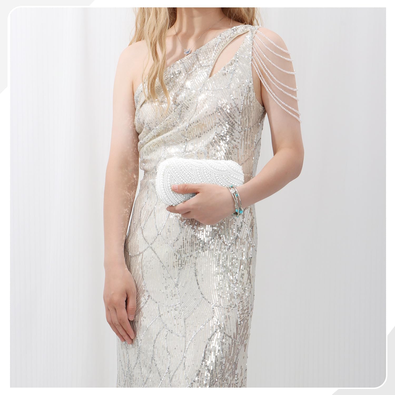 Oweisong Pearl Clutch Purses for Women Wedding Ivory Bridal Evening Bag Formal Party White Beaded Shoulder Handbag