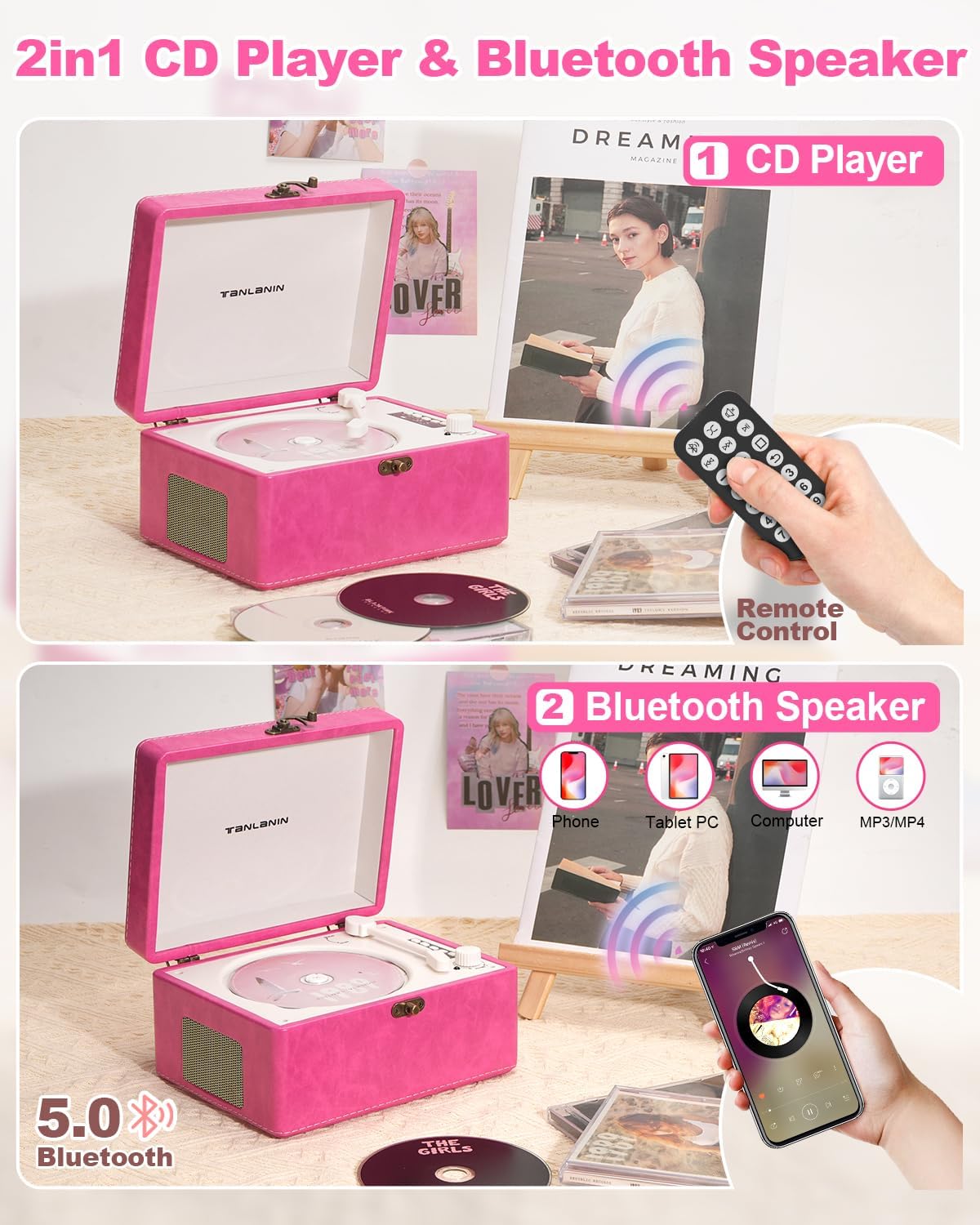 CD Player Portable for Home with Upgraded Speakers Bluetooth in/Out Rechargeable Desktop CD Player with LED Screen Boombox Music Player Pink