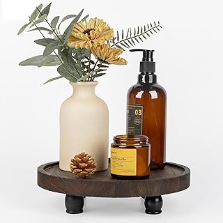 Tikea Farmhouse Wood Display Riser, 10 in. Farmhouse Pedestal Stand for Kitchen Bathroom Counter Decor, Round Display Tray for Soap Dispenser and Plant (Brown)