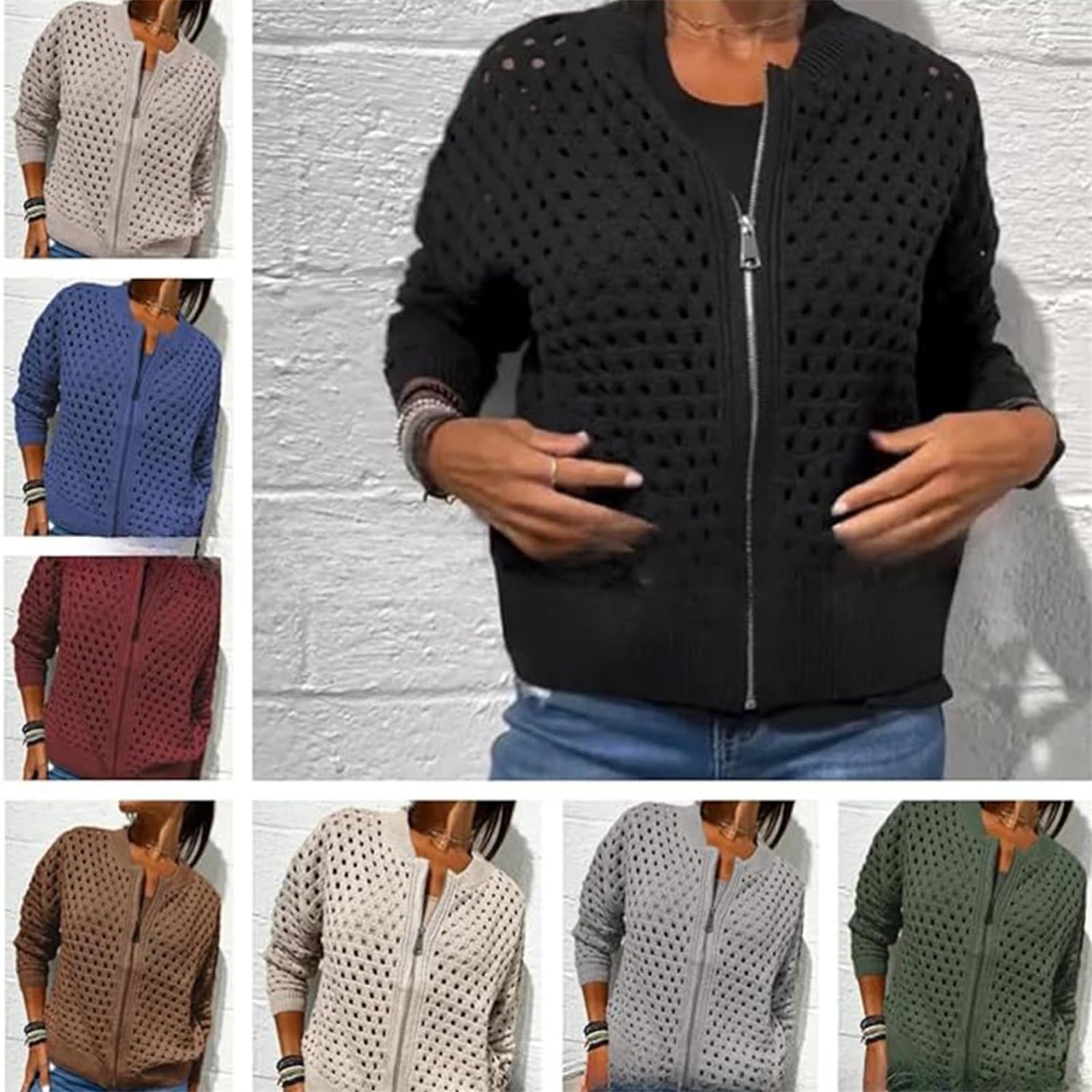 Giacca casual da donna con cerniera, maglia a rete all'uncinetto, scialle lavorato a maglia, cardigan leggero lavorato a maglia.