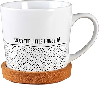 Papierdrachen Hochwertige Tasse aus Keramik mit passendem Kork Untersetzer - Tischdeko - Kaffeetisch - Kaffeetasse - Enjoy the little things - für Kaffee, Tee und mehr