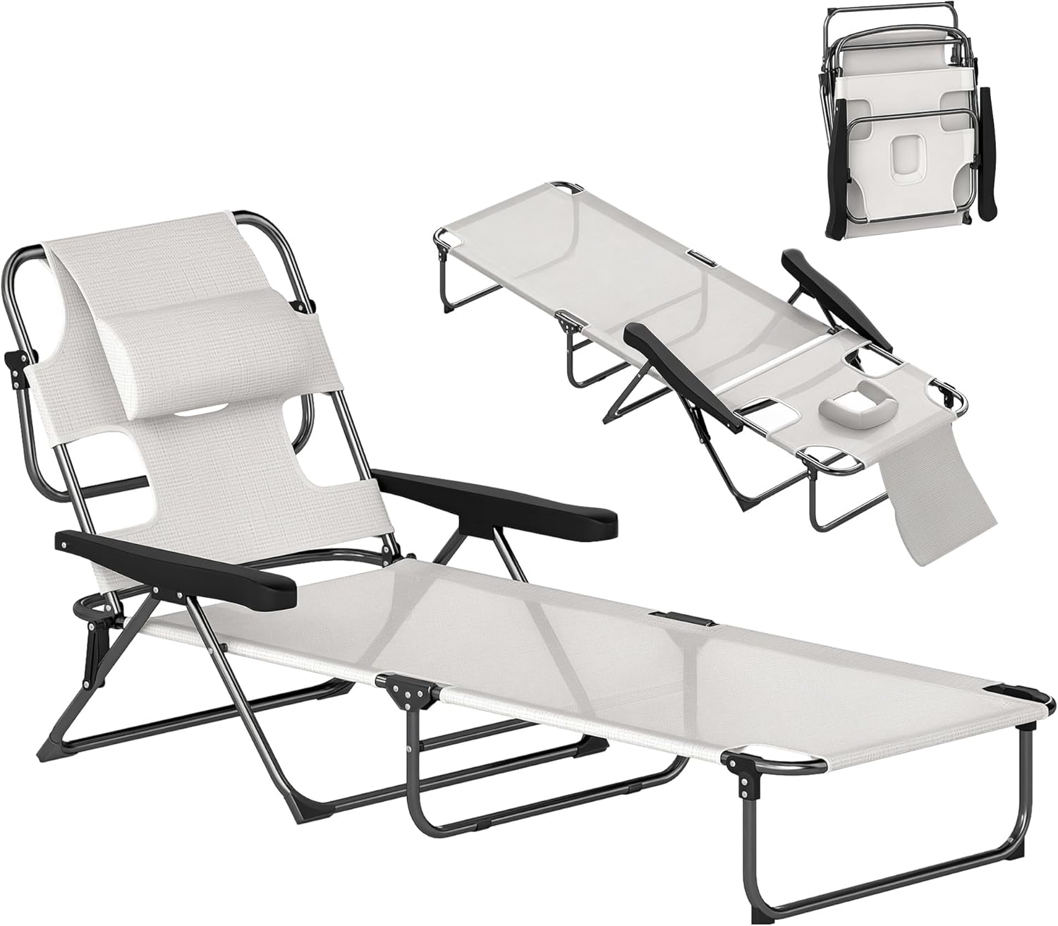 Outsunny Tanning Chaise Lounge Chair, 4-Position Beach Chair with Face & Arm Holes, Pillow headrest, Adjustable Sunbathing Chair, Cream White