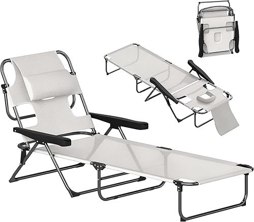 Outsunny Silla tumbona bronceadora, silla de playa de 4 posiciones con agujeros para la cara y los brazos, reposacabezas de almohada, silla