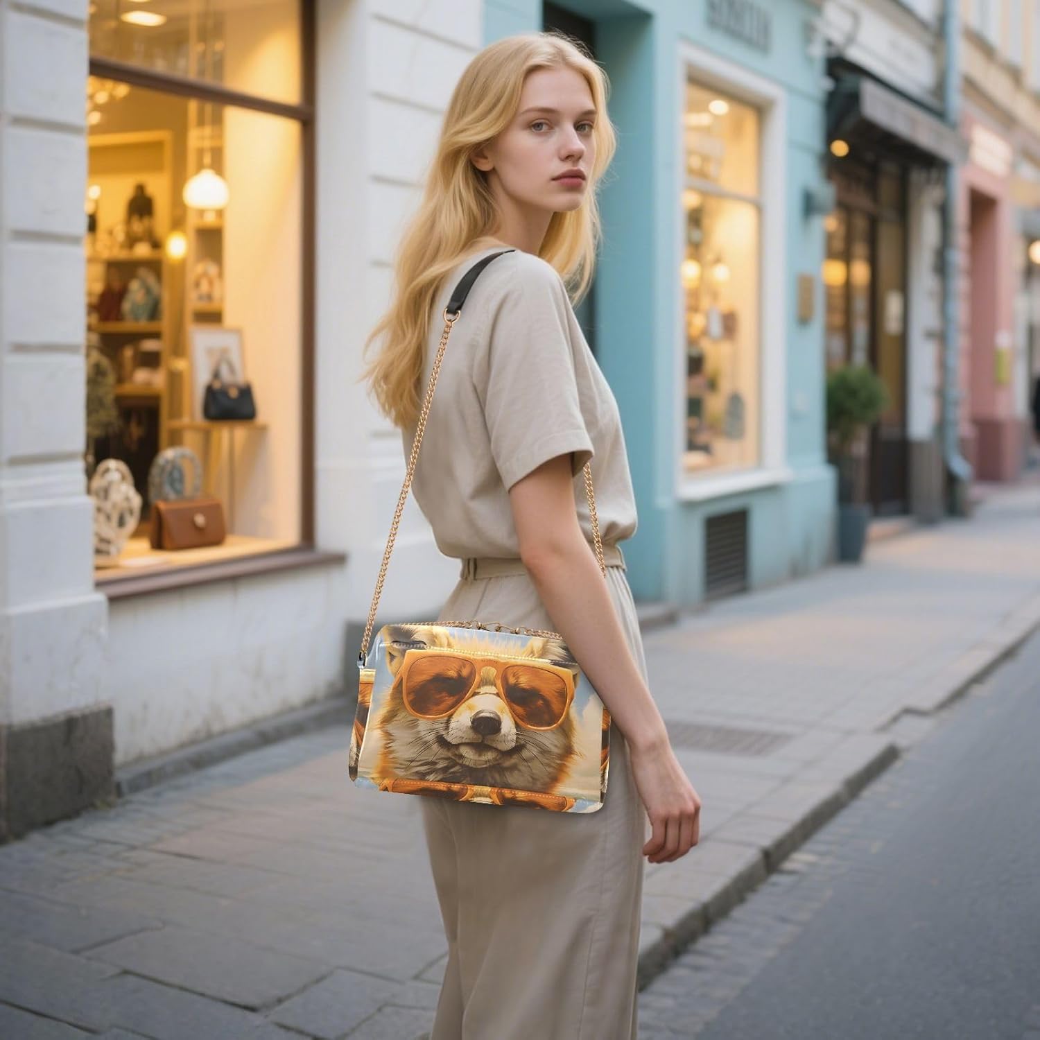 Vintage Fox Portrait Women's PU Leather Crossbody Bag Shoulder Handbag Cellphone Purse with Metal Chain Strap Water Resistant Zipper Closure