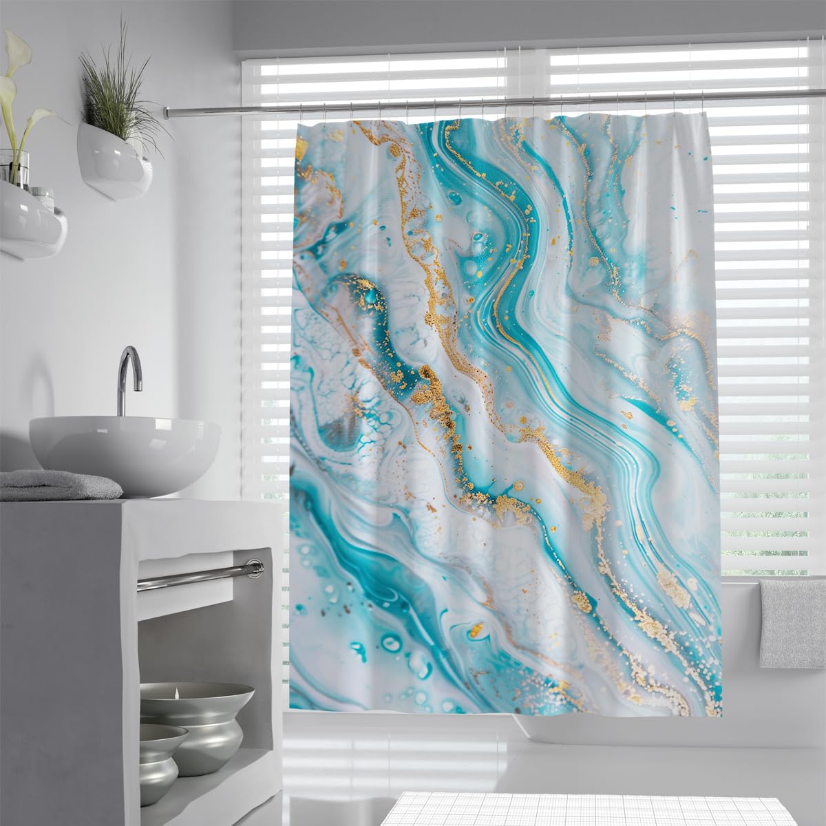 UIRINGART Marble Shower Curtain W150xL200cm Luxury Mint Teal Turquoise Gold Foil Texture Fluid Swirls Mildew Mould Resistant Polyester Fabric Apartment Bath Curtains